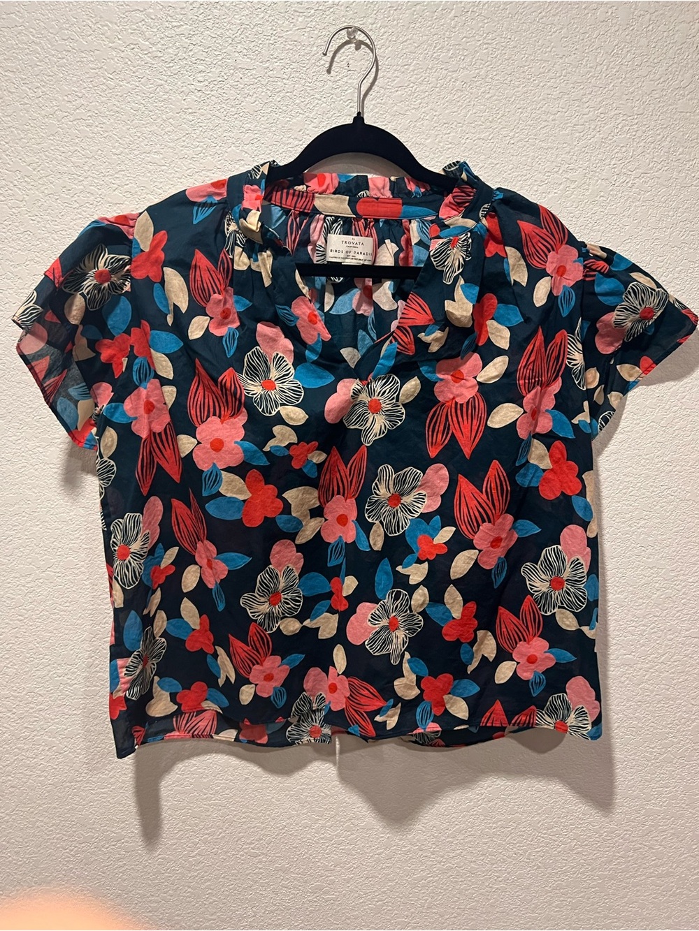 Navy Floral Short Sleeve Blouse Large - Picture 3 of 3